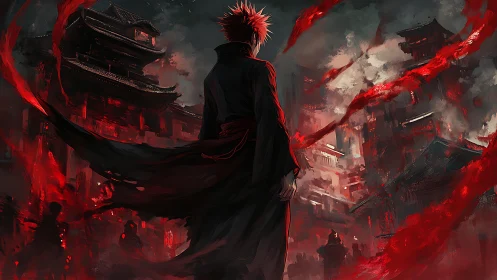 Red-tinged warrior surveys infernal cityscape with turbulent energy