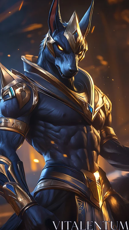 Armored jackal god stands amid glowing embers of power.