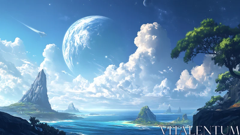 Alien Ocean Landscape: Twin Planets Over Crystalline Waters with Monolithic Formations