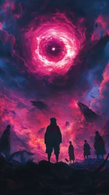 Vortex-lit wasteland with cloaked silhouettes under swirling nebula