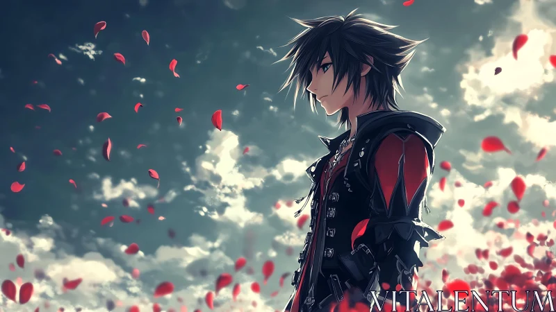 Anime male figure in black attire among drifting petals.