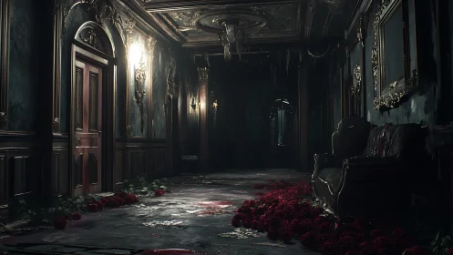 Gothic corridor drenched in roses and cinematic low lighting.