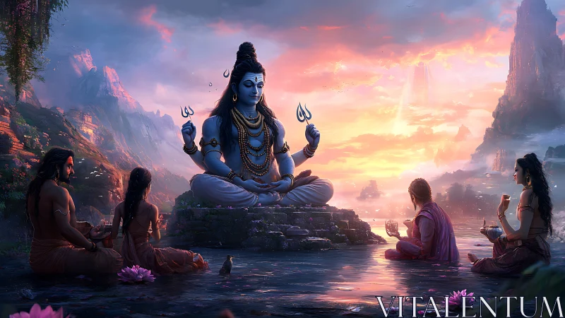 Lord Shiva meditates at sunset as seekers gather in reverence