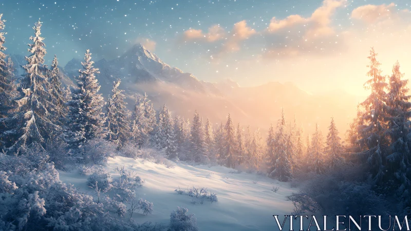 Snow-covered conifer forest extends toward distant mountain ridge