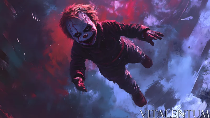 Horror clown doll floating in dark red and blue void.