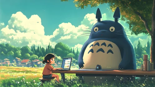 Child and forest guardian share digital moment at rustic table