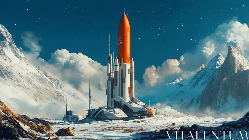Rocket launchpad amid snowy alien mountains under stars.