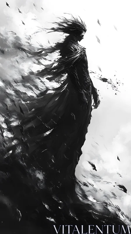 Silhouetted figure dissolving into abstract black forms.