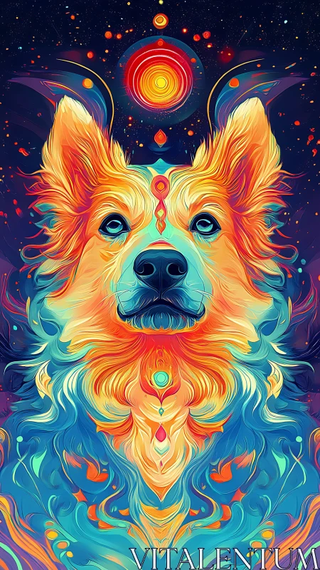 Psychedelic cosmic dog portrait in vivid neon colors.