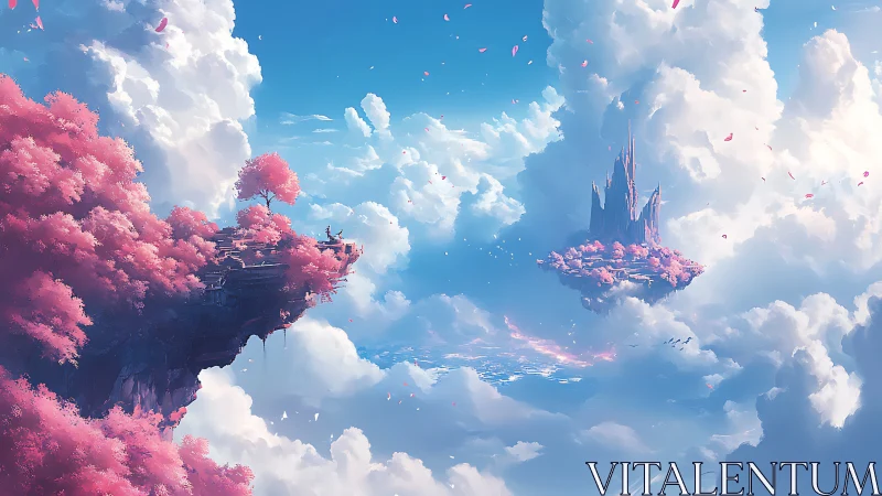 Floating sakura citadel above luminous celestial clouds.