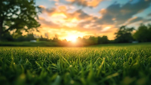 Low-angle view shows grass field with backlit sunset sky