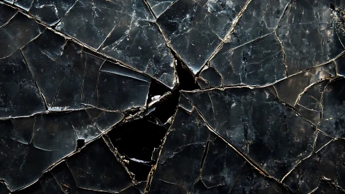 Shattered black glass forms a dramatic abstract fracture pattern