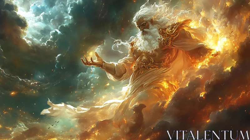 Storm-forging sky deity wrapped in roaring solar fire.