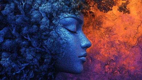 Dreaming stone goddess between ember sky and twilight forest.