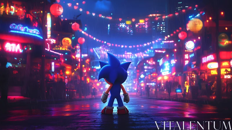 Blue hedgehog surveys neon city streets in the rain at night.