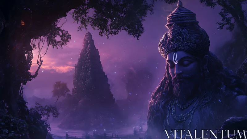 Colossal serene deity overlooks misty violet temple valley