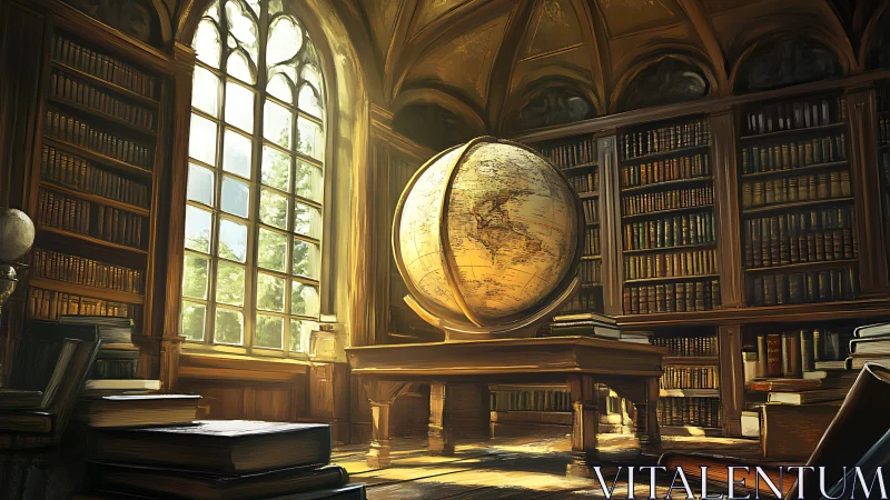 Large terrestrial globe in sunlit classical library interior.