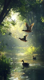 Sunlit forest pond where wild ducks drift and rise together.