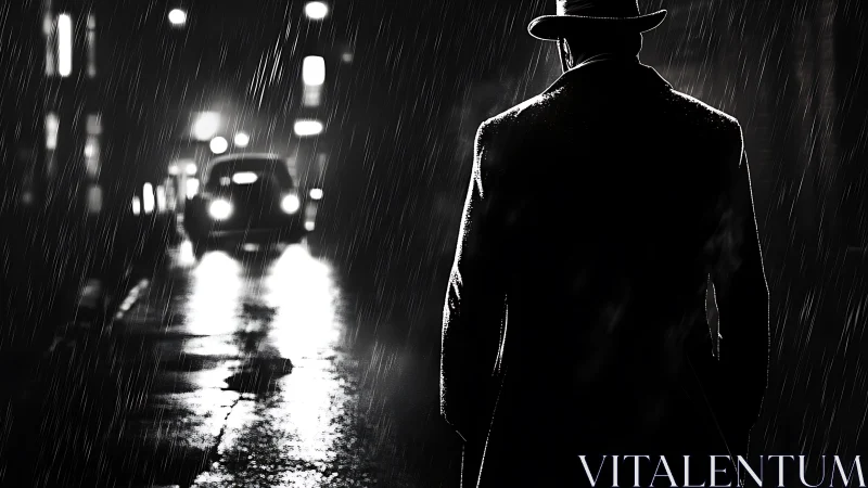 Man in trench coat stands in rainy noir city street at night.