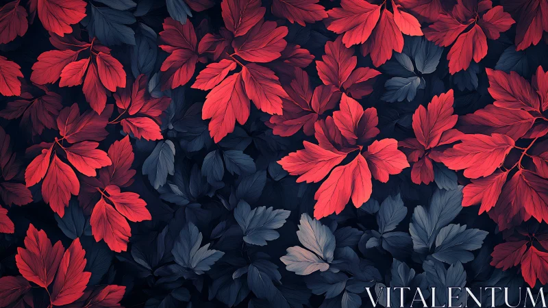 Red and blue stylized leaves form dense overlapping foliage