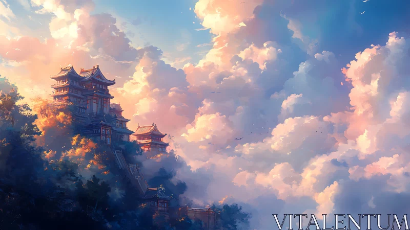 Mountain temple complex rises into glowing sunset clouds