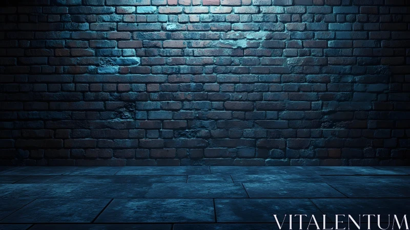 Moody Brick Wall and Tile Floor in Dramatic Blue Lighting.