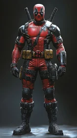 Red and black armored superhero stands fully equipped