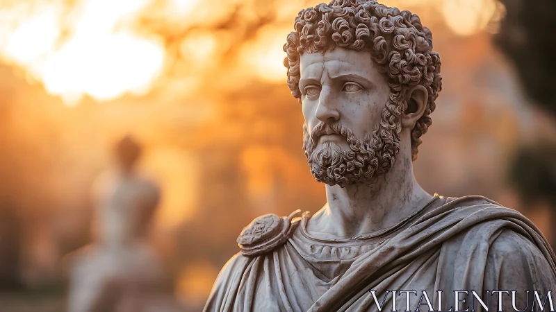 Marble Roman-style statue in warm golden evening light.