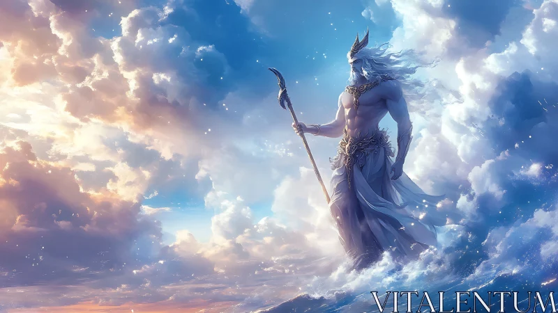 Mythic ocean sovereign emerging through volumetric clouds.