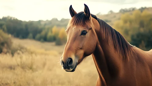 Golden brown horse gazes softly across a sunlit meadow