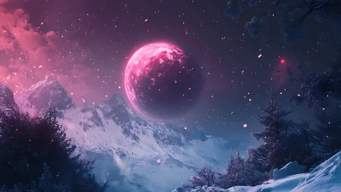 Pink alien moon rises above snowy mountains at twilight.