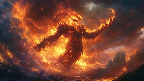 Fiery titan rising from stormy clouds in a blazing sky.