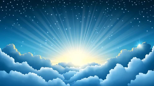 Radiant sunrise breaking through dense soft blue clouds.