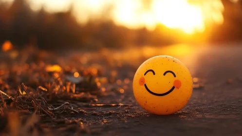 Smiling yellow ball on ground in warm sunset light.