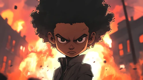 Defiant youth stands before burning city street inferno