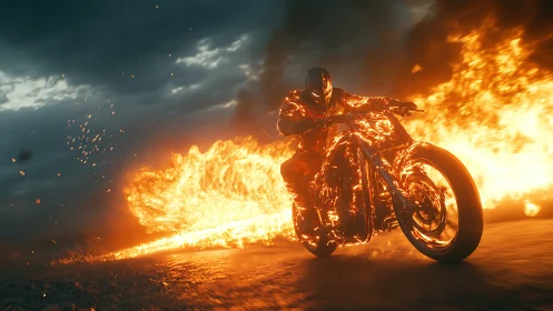 Flaming armored rider on motorcycle leaves blazing trail.