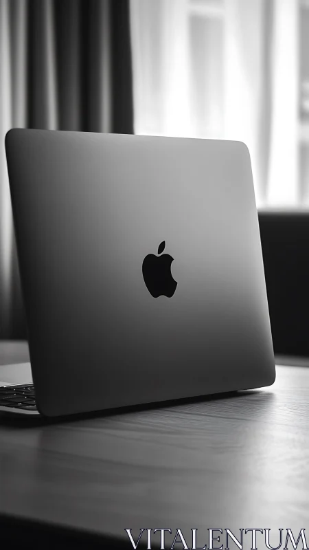 Sleek laptop rests calmly on a sunlit wooden desk