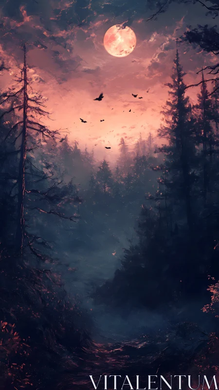 Crimson Moon Over Enchanted Forest.