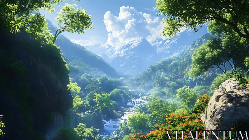 Lush green valley with river and distant snowy mountains.