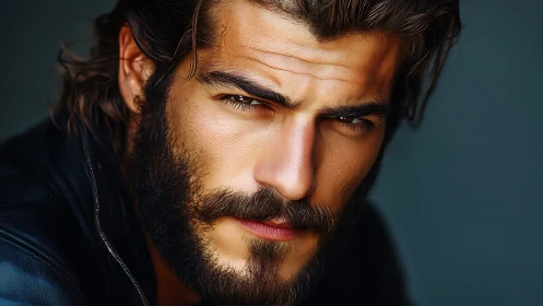 Bearded man portrait with intense focused gaze.
