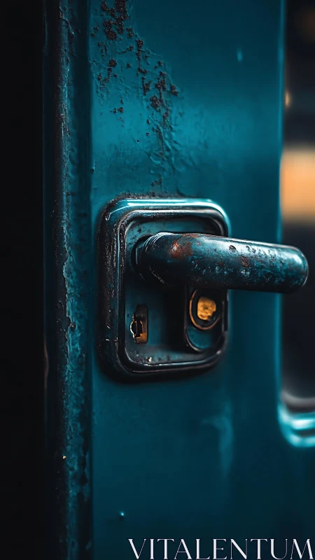 Weathered teal door handle in moody shallow-focus closeup.