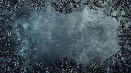 Dark baroque ornamental frame on textured gray background.