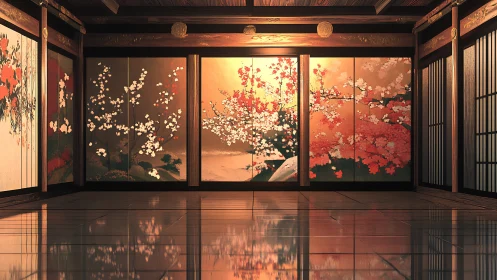 Golden hall glows softly with serene painted cherry blossoms
