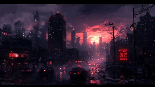 Moody neon city street glowing under a fiery night sky.