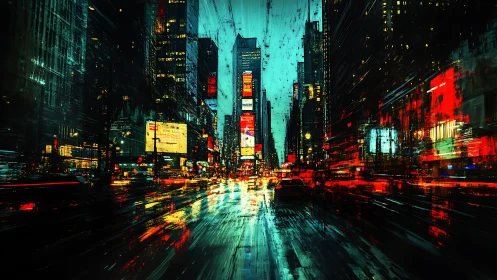 Neon storm over midnight avenue, citylights running wild.