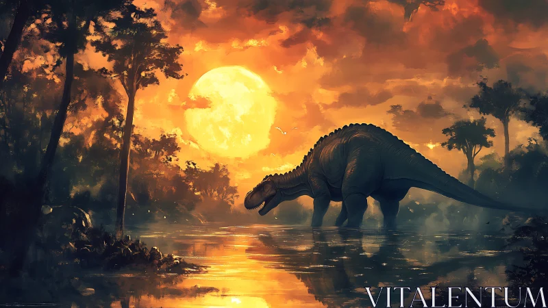 Sauropod dinosaur crosses primeval river at fiery sunset