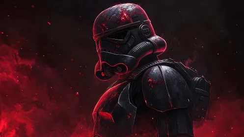 Armored sci fi soldier stands in red embers and darkness