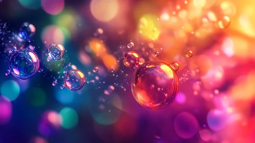 Floating translucent bubbles cross colorful bokeh field