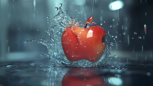 Highly polished red apple spline-modeled in mid-splash water simulation