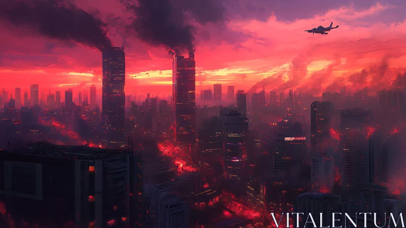 Flaming towers exhale dusk smoke across a wounded megacity